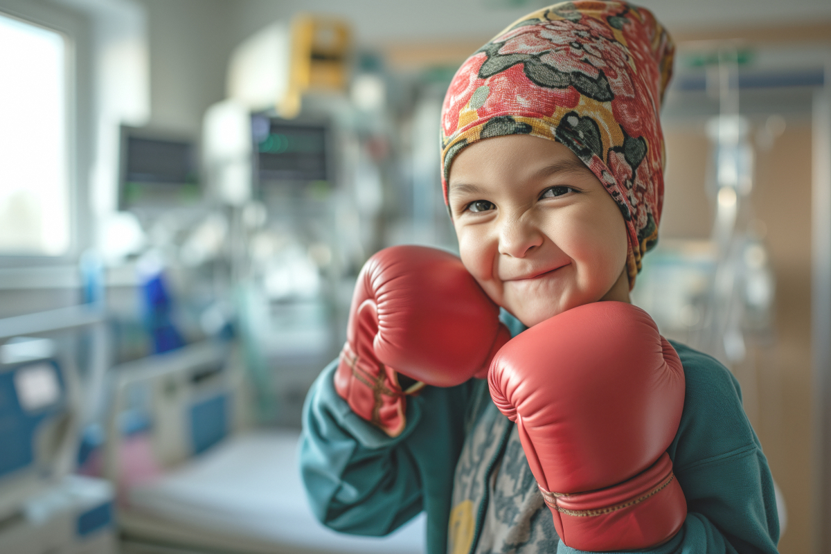 Young girl wearing boxing gloves.